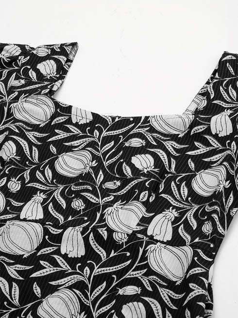 Black Pure Cotton Floral Printed A-Line Dress